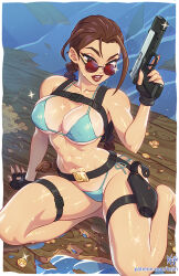 1girl black_gloves body_freckles braid breasts brown_hair coin commentary english_commentary fingerless_gloves freckles gloves gold_coin gun highres holding holding_gun holding_weapon holster kajin_(kajinman) lara_croft long_hair low_twin_braids red-tinted_eyewear round_eyewear shark_fin solo thigh_holster thigh_strap tinted_eyewear tomb_raider twin_braids water weapon