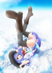 Rule 34 | 1girl, :d, absurdres, blue hair, blue sky, cloud, cloudy sky, evandragon, hat, highres, hinanawi tenshi, long hair, looking at viewer, open mouth, panties, pantyshot, red eyes, sky, smile, solo, striped clothes, striped panties, touhou, underwear