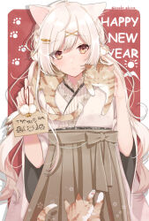 Rule 34 | 1girl, animal, animal ears, animal on shoulder, artist name, blonde hair, blush, brown eyes, cat, cat ears, cat on shoulder, chinese zodiac, fish hair ornament, frown, furisode, hair ornament, hairclip, hakama, happy new year, highres, japanese clothes, kimono, long hair, looking at viewer, new year, original, paw print, paw print background, red background, shiraki shiro, standing, very long hair, wide sleeves, x hair ornament, year of the tiger