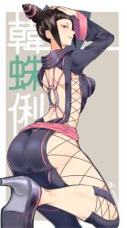 Rule 34 | 1girl, absurdres, black hair, breasts, commentary request, cone hair bun, cross-laced clothes, double bun, eye (mememem), from behind, hair bun, han juri, hand on own head, high heels, highres, medium breasts, o-ring, pink eyes, profile, signature, solo, street fighter, wide sleeves