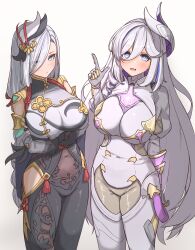 Rule 34 | 2girls, arm behind back, black bodysuit, blue eyes, blue hair, bodysuit, breast curtain, breasts, chinese clothes, closed mouth, covered navel, cowboy shot, crossed arms, genshin impact, gloves, grey hair, hair between eyes, hair ornament, hair over one eye, hand up, hare (honkai impact), highres, hip vent, honkai (series), honkai impact 3rd, index finger raised, kyaong, large breasts, long hair, long sleeves, looking at viewer, multicolored hair, multiple girls, open mouth, shenhe (genshin impact), simple background, streaked hair, very long hair, white background, white gloves