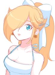 Rule 34 | 1girl, alternate costume, alternate hairstyle, bare shoulders, blonde hair, blue eyes, bow, breasts, cleavage, collarbone, dress, earrings, eyelashes, flower earrings, hair bow, hair over one eye, highres, jewelry, long hair, looking at viewer, mario (series), medium breasts, nintendo, nonoworks, ponytail, rosalina, sleeveless, sleeveless dress, smile, solo, super mario galaxy, upper body, white background, white bow, white dress