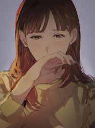 Rule 34 | 1girl, biiko (king1015g), brown eyes, brown hair, character request, chromatic aberration, commentary request, copyright request, covering own mouth, grey background, hand up, highres, light blush, long hair, long sleeves, looking down, shirt, solo, upper body, yellow shirt