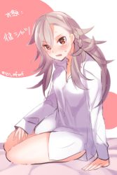 Rule 34 | 1girl, alternate costume, arm support, blush, dress shirt, fate/grand order, fate (series), looking at viewer, olga marie animusphere, red eyes, sentaku nori, shirt, silver hair, solo, sweatdrop, thighs, translation request, white background
