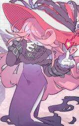 Rule 34 | 1girl, :d, absurdres, belt, blush stickers, colored skin, curly hair, dress, feet out of frame, fire, frilled sleeves, frills, gloves, gradient background, grid background, hair over eyes, hand on own face, hat, highres, humanization, index finger raised, long hair, long sleeves, mario (series), nintendo, open mouth, paper mario, paper mario: the thousand year door, pink hair, purple dress, red hat, side slit, signature, smile, solo, tendoshi, vivian (paper mario), white gloves, white skin, witch hat