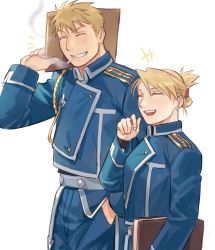 Rule 34 | 1boy, 1girl, ^ ^, amestris military uniform, arm at side, belt, blonde hair, carrying, carrying over shoulder, carrying under arm, cigarette, closed eyes, commentary, cowboy shot, earrings, english commentary, envelope, folded ponytail, folder, fullmetal alchemist, grin, hand in pocket, hand up, height difference, holding, jean havoc, jewelry, laughing, long sleeves, military, military uniform, raicchi (raicchi96), riza hawkeye, short hair, side-by-side, simple background, smile, smoke, smoking, stud earrings, uniform, updo, white background, wristband