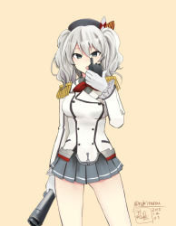 Rule 34 | 10s, 1girl, 2015, binoculars, breasts, dated, epaulettes, female focus, gloves, grey eyes, grey hair, hat, kantai collection, kashima (kancolle), large breasts, looking at viewer, military, military uniform, miniskirt, open mouth, pleated skirt, signature, simple background, skirt, solo, twitter username, two side up, uniform, walkie-talkie, white gloves, yukiyanagi raki