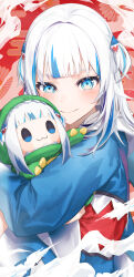 Rule 34 | 1girl, animal hood, blue eyes, blue hair, blue hoodie, blunt bangs, blush, closed mouth, dinosaur costume, gawr gura, gawr gura (1st costume), hair ornament, highres, hololive, hololive english, hood, hoodie, hugging object, inn0, looking at viewer, multicolored hair, shark girl, shark hair ornament, shark hood, smile, smol gura, solo, streaked hair, stuffed toy, two side up, virtual youtuber, white hair