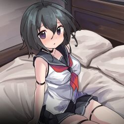 Rule 34 | 1girl, :o, ahoge, black hair, black sailor collar, black skirt, blush, breasts, commentary request, hair between eyes, highres, indoors, looking at viewer, medium breasts, neckerchief, nose blush, on bed, original, parted lips, pillow, pleated skirt, purple eyes, red neckerchief, ryogo, sailor collar, school uniform, serafuku, shirt, sitting, skindentation, skirt, sleeveless, sleeveless shirt, solo, sweat, white shirt