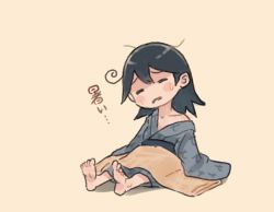 Rule 34 | 1girl, = =, ahoge, barefoot, blanket, blush stickers, closed eyes, commentary request, feet, hot, japanese clothes, kantai collection, kimono, long hair, long sleeves, off shoulder, open mouth, saiguchi otoufu, shadow, sitting, solo, sweat, translation request, ushio (kancolle), wide sleeves, yellow background, yukata