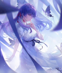 Rule 34 | absurdres, backlighting, black ribbon, blood, blood on hands, blurry, blurry foreground, breasts, bug, butterfly, closed mouth, commentary, commentary request, crystalherb, depth of field, dress, fate/stay night, fate (series), feet out of frame, finger to mouth, from side, heaven&#039;s feel, highres, insect, long hair, looking away, matou sakura, medium breasts, official alternate costume, profile, purple eyes, purple hair, ribbon, short sleeves, solo, standing, symbol-only commentary, white dress