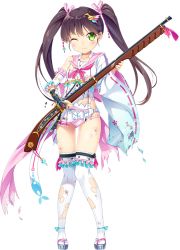 Rule 34 | 1girl, antique firearm, artist request, asymmetrical sleeves, black hair, firearm, firelock, flintlock, full body, green eyes, gun, hair ornament, holding, holding gun, holding weapon, long hair, misaki (oshiro project), mismatched sleeves, official art, one eye closed, oshiro project:re, oshiro project:re, panties, pleated skirt, simple background, skirt, solo, standing, thighhighs, torn clothes, torn panties, torn skirt, torn thighhighs, transparent background, twintails, underwear, weapon