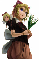 Rule 34 | 1girl, bad id, bad pixiv id, blonde hair, blue eyes, doll, doll joints, face, female focus, flower, joints, kurione, kurione (pixiv), kurione (zassou), lily of the valley, medicine melancholy, ribbon, short hair, simple background, solo, su-san, touhou