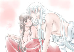 Rule 34 | 1boy, 1girl, brown eyes, brown hair, couple, closed eyes, hetero, imminent kiss, inuyasha, long hair, looking up, matching hair/eyes, nipples, nude, aged up, pointy ears, pout, profile, rin (inuyasha), sesshoumaru, signature, simple background, tokiko (psychopomp), very long hair, white hair