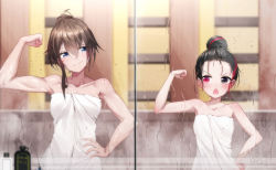 Rule 34 | 2girls, ahoge, bare arms, bare shoulders, black hair, blue eyes, breasts, brown eyes, brown hair, collarbone, commentary request, hair between eyes, hair bun, hand on own hip, highres, li (qys3), looking at another, looking at viewer, medium breasts, medium hair, mirror, multicolored hair, multiple girls, muscle comparison, muscle envy, muscular, muscular female, naked towel, onsen, open mouth, original, pink eyes, qian ye (qys3), qys3, red hair, short hair, sidelocks, single hair bun, small breasts, smile, steam, towel, two-tone hair