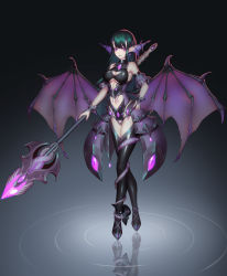 Rule 34 | 1girl, absurdres, bare shoulders, breasts, bridal gauntlets, cameltoe, cleavage, cleavage cutout, clothing cutout, demon girl, demon wings, full body, glowing, green hair, hand on own hip, heart cutout, highres, hip armor, horns, large breasts, looking at viewer, low wings, nail polish, navel cutout, panties, parted lips, pink nails, pointy ears, polearm, purple eyes, revealing clothes, ripples, slit pupils, smile, solo, spear, standing, thighhighs, tiptoes, underboob cutout, underwear, water, weapon, wings, wu yao jun