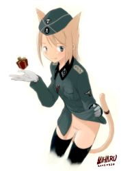 Rule 34 | 1girl, animal ears, black thighhighs, bottomless, cat ears, cat tail, garrison cap, gift, gloves, hat, miharu (cgsky), military, nazi, no panties, original, pussy, soldier, solo, swastika, tail, thighhighs, tongue, totenkopf, uncensored, uniform, waffen ss, world war ii