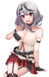 Rule 34 | 1girl, @ @, absurdres, bare shoulders, belt, black hair, breasts, camisole, cleavage, earrings, fingerless gloves, garter straps, gloves, grey hair, highres, hololive, jewelry, large breasts, looking at viewer, medium hair, multicolored hair, open mouth, plaid, plaid skirt, red eyes, ryu.o, sakamata chloe, skirt, solo, streaked hair, thighhighs, virtual youtuber, white camisole
