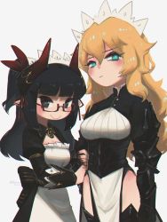 Rule 34 | 2girls, :/, absurdres, alternate eye color, alternate hair color, aqua eyes, arm hug, armor, black eyes, black hair, black nails, blonde hair, blunt bangs, blush, borrowed character, breasts, commentary, cowboy shot, executioner maid (centuriic), flareze (porforever), freckles, gauntlets, glasses, hair between eyes, highres, horns, juliet sleeves, long hair, long sleeves, looking at viewer, maid headdress, medium breasts, multiple girls, nail polish, original, pelvic curtain, pointy ears, porforever, puffy sleeves, red-framed eyewear, semi-rimless eyewear, simple background, smile, symbol-only commentary, under-rim eyewear, underbust, white background