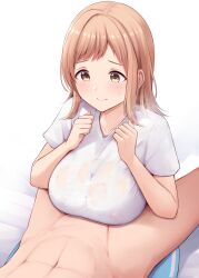 Rule 34 | 1boy, 1girl, absurdres, breasts, breasts squeezed together, brown eyes, brown hair, clothed female nude male, collarbone, commentary request, covered erect nipples, from above, from side, groin, head out of frame, hetero, highres, idolmaster, idolmaster shiny colors, large breasts, legs, long hair, looking at penis, lying, muscular, muscular male, nude, paizuri, paizuri on lap, paizuri under clothes, pants, pushing breasts together, sakuragi mano, see-through, see-through shirt, shirt, short hair, short sleeves, sidelocks, simple background, sitting, smile, solo focus, steam, sweat, sweatdrop, sweaty clothes, thighs, warubo, white background, white shirt