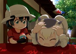 Rule 34 | 10s, 2girls, black gloves, black hair, blonde hair, blue eyes, brain freeze, bucket hat, building, closed eyes, day, food, gloves, grey hair, hands on own head, hat, hat feather, head wings, kaban (kemono friends), kemono friends, looking at another, lucky beast (kemono friends), multicolored hair, multiple girls, northern white-faced owl (kemono friends), open mouth, outdoors, pandemic14, red shirt, shaved ice, shirt, short hair, short sleeves, tree, white hair, wings
