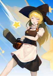 Rule 34 | 1girl, apron, bejili, black hat, black skirt, black vest, blonde hair, blush, bow, braid, chainsaw, closed eyes, commentary request, cookie (touhou), feet out of frame, hair bow, hat, highres, holding, holding chainsaw, kirisame marisa, long hair, open mouth, power tool, red bow, shooting star, side braid, single braid, skirt, smile, solo, star (symbol), suzu (cookie), touhou, vest, waist apron, white apron, witch hat