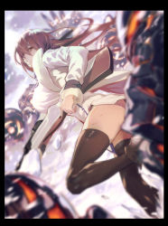 Rule 34 | 1girl, border, coat, framed, gun, gyudong123, hair between eyes, holding, holding weapon, last origin, long hair, long sleeves, purple hair, red eyes, rifle, scratches, solo, thighhighs, valkyrie (last origin), weapon