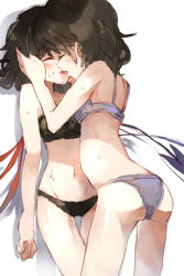 Rule 34 | 2girls, ass, asymmetrical wings, black hair, blush, bra, closed eyes, hand on another&#039;s face, hisona (suaritesumi), houjuu nue, kiss, midriff, multiple girls, murasa minamitsu, navel, panties, short hair, simple background, sketch, slime, sweat, tongue, tongue out, touhou, underwear, underwear only, white background, wings, yuri