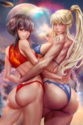 Rule 34 | 2girls, arched back, ass, back, bad id, bad pixiv id, bare shoulders, bikini, blonde hair, blue eyes, breasts, brown hair, crossover, curvy, day, from behind, grin, hair between eyes, highres, huge ass, kono subarashii sekai ni shukufuku wo!, krabbytheartist, large breasts, long hair, looking at viewer, looking back, megumin, metroid, multiple girls, nintendo, outdoors, ponytail, red eyes, samus aran, shiny skin, short hair, shoulder tattoo, side-by-side, sideboob, smile, swimsuit, tattoo, thick thighs, thighs, very long hair, wide hips