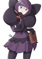 Rule 34 | 1girl, absurdres, black gloves, black pantyhose, blunt bangs, book, cowboy shot, creatures (company), dress, elbow gloves, elbow rest, game freak, glasses, gloves, hand up, highres, holding, holding book, holding pen, ida (idalol490), looking at viewer, nintendo, open mouth, pantyhose, pen, pokemon, pokemon bw, purple dress, purple hair, shadow, shauntal (pokemon), short hair, signature, solo