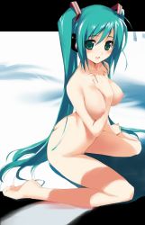 Rule 34 | 1girl, aqua hair, ass, blush, breasts, green eyes, green hair, hatsune miku, headphones, highres, hima, large breasts, long hair, looking at viewer, matching hair/eyes, nipples, nude, nude filter, sitting, solo, third-party edit, twintails, very long hair, vocaloid, wariza