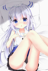 Rule 34 | 1girl, :o, ass, bare legs, bed sheet, black skirt, blue eyes, blush, commentary request, feet out of frame, gochuumon wa usagi desu ka?, hair ornament, hairband, hands on own chest, highres, kafuu chino, kouda suzu, legs up, long hair, looking at viewer, lying, on back, on bed, open mouth, panties, pantyshot, pillow, pleated skirt, sailor collar, shirt, silver hair, skirt, sleeveless, sleeveless shirt, solo, tareme, underwear, white panties, x hair ornament