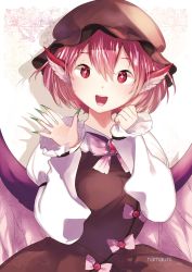 Rule 34 | + +, 1girl, animal ears, bird wings, brooch, brown dress, brown hat, dress, fingernails, green nails, hair between eyes, hands up, hat, highres, jewelry, long fingernails, long sleeves, looking at viewer, mystia lorelei, nail polish, namauni, open mouth, pink hair, puffy long sleeves, puffy sleeves, red eyes, sharp fingernails, simple background, smile, solo, touhou, upper body, waving, white background, wings