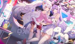 Rule 34 | &gt; &lt;, 2girls, ahoge, animal ears, arcade, artist request, azur lane, bare shoulders, bird, black bow, bow, chick, commission, dress, fake animal ears, hair between eyes, hair bow, highres, holding hands, indoors, jacket, laffey (azur lane), long hair, long sleeves, looking at viewer, maimai (game), manjuu (azur lane), multiple girls, parted lips, pink jacket, rabbit ears, red eyes, red skirt, second-party source, short dress, skindentation, skirt, thighhighs, twintails, unicorn, unicorn (azur lane), very long hair, white dress, white hair, white thighhighs, wings
