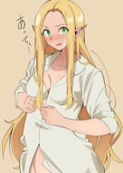 Rule 34 | 1girl, alternate hairstyle, blonde hair, blush, breasts, cleavage, commentary request, cowboy shot, dress shirt, dressing, dungeon meshi, elf, hair down, highres, long hair, marcille donato, parted lips, pointy ears, raised eyebrow, sakura 1110ssmm, shirt, sleeves rolled up, solo, very long hair, white shirt, yellow background