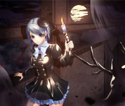 Rule 34 | 1girl, ace attorney, aged down, antlers, black dress, black hat, black sky, bow, candle, cloud, dark clouds, dress, earrings, fire, franziska von karma, full moon, ghost, hat, holding, holding candle, horns, indoors, jewelry, long sleeves, looking at viewer, mini hat, mole, mole under eye, moon, phoenix wright: ace attorney - justice for all, puffy long sleeves, puffy sleeves, r2mpt, short hair, silk, silver hair, sky, solo, spider web, tilted headwear, white bow, window