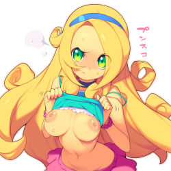 Rule 34 | 1girl, blonde hair, blush, breasts, breasts apart, camisole, choker, clothes lift, curly hair, facing viewer, flashing, frown, green eyes, hairband, haley (stardew valley), inverted nipples, large areolae, long hair, looking at viewer, medium breasts, metata, narrow waist, navel, nipples, no bra, perky breasts, scrunchie, shirt lift, simple background, skirt, stardew valley, strap slip, sweat, swept bangs, very long hair, white background, wrist scrunchie