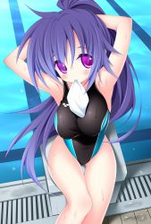 Rule 34 | 1girl, adjusting hair, armpits, arms up, blue hair, competition swimsuit, from above, hisane, long hair, looking at viewer, mouth hold, one-piece swimsuit, original, ponytail, pool, poolside, purple eyes, solo, swim cap, swimsuit, thigh gap, very long hair, water