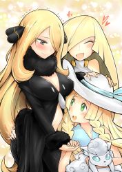 Rule 34 | 3girls, age difference, alolan form, alolan vulpix, ass grab, blonde hair, blush, breasts, cleavage, creatures (company), cynthia (pokemon), fur trim, game freak, gen 7 pokemon, green eyes, grey eyes, hand on another&#039;s head, hat, heart, highres, holding hands, large breasts, lillie (pokemon), long hair, looking at another, lusamine (pokemon), mature female, mother and daughter, multiple girls, nintendo, onee-loli, open mouth, pokemon, pokemon (creature), pokemon dppt, pokemon sm, smile, sun hat, very long hair, yuri, yuriwhale