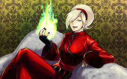 Rule 34 | androgynous, ash crimson, blonde hair, blue eyes, couch, fingerless gloves, freckles, gender request, gloves, hair over one eye, hairband, kkaiju, nail polish, open mouth, short hair, sleeves past wrists, smile, snk, solo, the king of fighters
