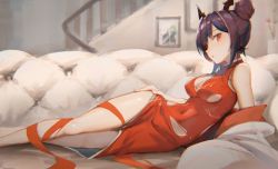 Rule 34 | 1girl, arknights, bare legs, bare shoulders, breasts, ch&#039;en (ageless afterglow) (arknights), ch&#039;en (arknights), china dress, chinese clothes, cleavage cutout, clothing cutout, commentary request, couch, covered navel, dragon horns, dress, eyyy, feet out of frame, hair bun, highres, horns, hoshiguma (arknights), indoors, looking at viewer, medium breasts, official alternate costume, parted lips, picture frame, purple hair, railing, red dress, red eyes, short hair, single hair bun, sleeveless, sleeveless dress, solo, thighs, torn clothes