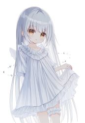 Rule 34 | 1girl, blush, brown eyes, bunny girl (yuuhagi (amaretto-no-natsu)), dress, frilled dress, frills, grey hair, long hair, looking at viewer, mini wings, original, parted lips, simple background, skirt hold, solo, sparkle, very long hair, white background, white dress, white wings, wings, yuuhagi (amaretto-no-natsu)