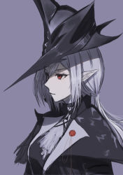 Rule 34 | 1girl, arknights, ascot, bad id, bad pixiv id, black coat, black dress, black hat, closed mouth, coat, commentary, dress, expressionless, floating hair, from side, gladiia (arknights), goth fashion, hat, high collar, highres, lan qiandai, looking away, pointy ears, pointy hat, profile, red eyes, silver hair, solo, upper body, white ascot
