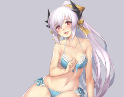 Rule 34 | 1girl, :d, arm support, bare arms, bare shoulders, bikini, blue bikini, blue ribbon, bow, breasts, cleavage, collarbone, dark-skinned female, dark skin, earrings, fate/grand order, fate (series), frilled bikini, frills, front-tie bikini top, front-tie top, grey background, hair bow, heart, heart-shaped pupils, horns, jewelry, kiyohime (fate), kiyohime (fate/grand order), kiyohime (swimsuit lancer) (fate), kiyohime (swimsuit lancer) (third ascension) (fate), light purple hair, long hair, looking at viewer, medium breasts, navel, open mouth, oukawa yuu, ponytail, red eyes, ribbon, side-tie bikini bottom, silver hair, simple background, sitting, smile, solo, stomach, swimsuit, symbol-shaped pupils, teeth, thighs, very long hair, yellow bow, yokozuwari