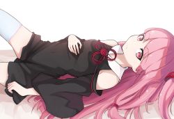 Rule 34 | 1girl, bare shoulders, black dress, breasts, closed mouth, clothing cutout, collared dress, covered navel, cowboy shot, dress, flower, hair ribbon, hand on own stomach, highres, kotonoha akane, light smile, long hair, long sleeves, looking at viewer, lying, on back, pink eyes, pink hair, red flower, red ribbon, red rose, ribbon, rose, senzaicha kasukadoki, short dress, shoulder cutout, sideways glance, small breasts, solo, straight hair, thighhighs, tress ribbon, voiceroid, white background, white thighhighs, wide sleeves, zettai ryouiki