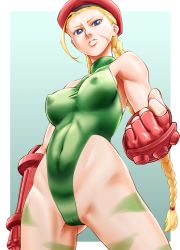 Rule 34 | 1girl, ahoge, bad id, bad pixiv id, beret, blonde hair, blue eyes, bodypaint, bouzu oyaji, braid, breasts, cameltoe, cammy white, camouflage, cleft of venus, clenched hand, covered erect nipples, covered navel, curvy, eyebrows, fingerless gloves, from below, gloves, gluteal fold, green leotard, hat, highleg, highleg leotard, highres, huge ahoge, ikumo taisuke, large breasts, leotard, lips, long hair, nose, scar, skin tight, solo, street fighter, thighs, thong leotard, toned, twin braids, wide hips