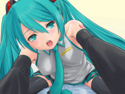 Rule 34 | 1boy, 1girl, aqua eyes, aqua hair, detached sleeves, dutch angle, girl on top, hatsune miku, looking at viewer, necktie, open mouth, pov, rasukaru, simple background, skirt, solo, solo focus, thighhighs, twintails, vocaloid, zettai ryouiki