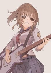 Rule 34 | 1girl, :d, amayomiyu, angel beats!, blue sailor collar, blue skirt, breasts, brown eyes, brown hair, commentary request, cowboy shot, grey background, grin, guitar, hisako (angel beats!), holding, holding instrument, holding plectrum, instrument, long hair, long sleeves, looking at viewer, medium breasts, neckerchief, open mouth, pink neckerchief, pleated skirt, plectrum, ponytail, sailor collar, shinda sekai sensen uniform, shirt, simple background, skirt, sleeves rolled up, smile, solo, twitter username, white shirt