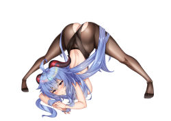 Rule 34 | 1girl, absurdres, ahoge, artist request, ass, blue hair, blush, breasts, brown eyes, butt crack, embarrassed, ganyu (genshin impact), genshin impact, goat horns, hanging breasts, highres, horns, jack-o&#039; challenge, large breasts, leotard, long hair, looking at viewer, pantyhose, parted lips, shiny clothes, shiny skin, solo, top-down bottom-up, topless, very long hair