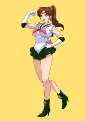 Rule 34 | 1girl, absurdres, ankle boots, back bow, bishoujo senshi sailor moon, boots, bow, breasts, brown eyes, brown hair, choker, cirenk, commission, cross-laced footwear, elbow gloves, full body, gloves, green choker, green footwear, green sailor collar, green skirt, hair ornament, hand on own hip, highres, inner senshi, kino makoto, lace-up boots, large breasts, long hair, miniskirt, open mouth, pink bow, pleated skirt, ponytail, sailor collar, sailor jupiter, sailor senshi, sailor senshi uniform, skirt, solo, tiara, yellow background